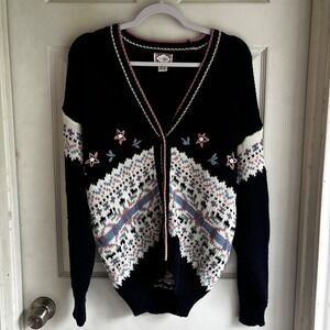 Floral Fair Isle Vintage Cardigan Sweater M Nordic Cottagecore 90s Embroidered
